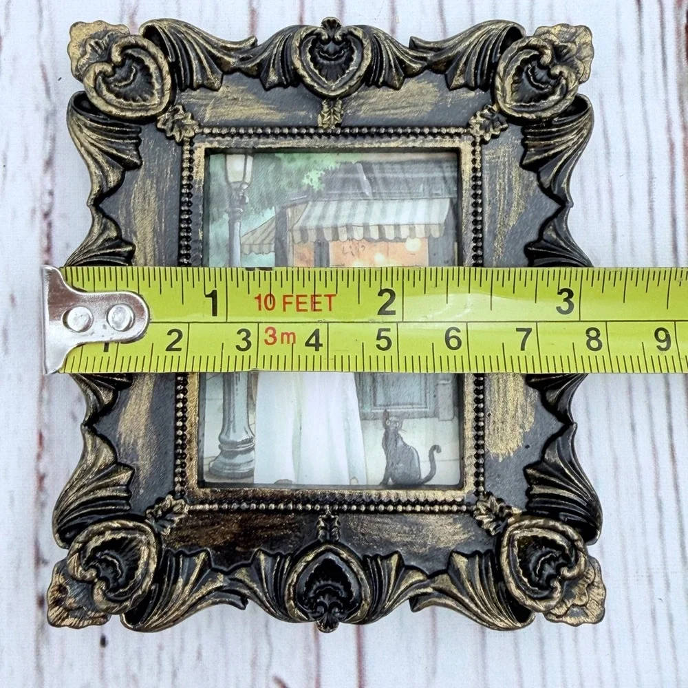 Miniature Ghost and Black Cat Art Print Ornate Gold Baroque Frame 3.5x3.25‎